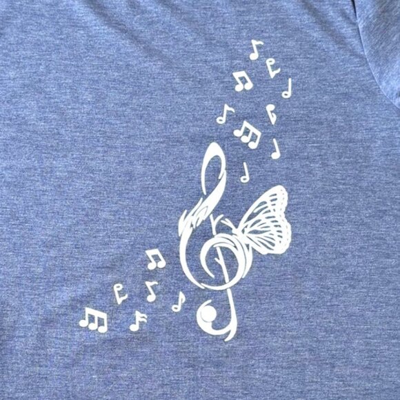 Butterfly Treble Clef Graphic Tee Size XL Music Notes Blue Short Sleeve Top - Picture 6 of 6